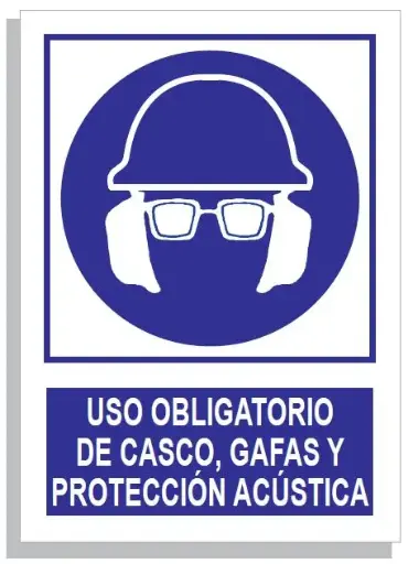 SEÑAL USO OBLI. DE CASCO, GAFAS Y PROTECCIÓN ACÚSTICA 297x210 PVC REF. 309